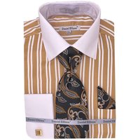 Men's White Collar & French Cuff Double Stripe Dress Shirt In Beige