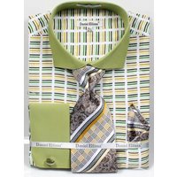 Men's Wide Spread Collar Contrast Cuff Horizontal Multi Stripe Dress Shirt & Tie Set In Green