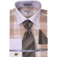 Men's Contrast Collar & French Cuff Picnic Plaid Dress Shirt Set In Beige