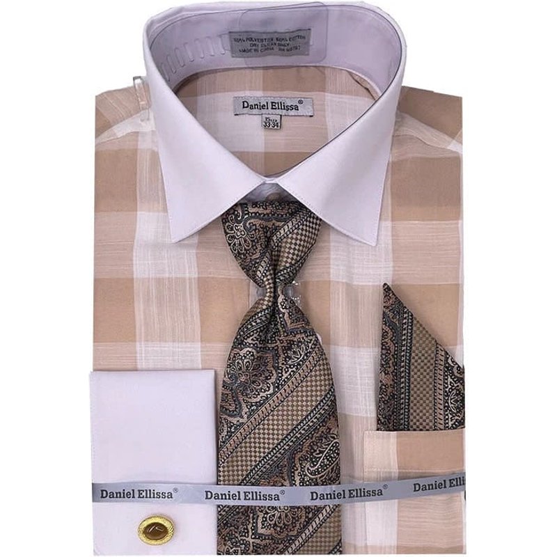 Men's Contrast Collar & French Cuff Picnic Plaid Dress Shirt Set In Beige — Chemises habillées pour hommes