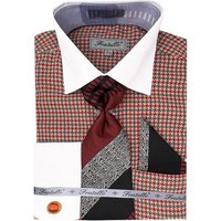 Men's Vintage Style Multi-colored Houndstooth Dress Shirt & Tie Package In Red