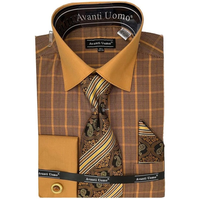 Mens Tonal Check Print Contrast Collar French Cuff Dress Shirt Set In Rust — Chemises habillées pour hommes