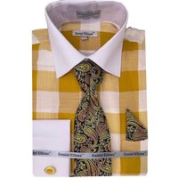 Men's Contrast Collar & French Cuff Picnic Plaid Dress Shirt Set In Mustard Yellow