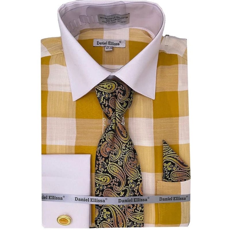 Men's Contrast Collar & French Cuff Picnic Plaid Dress Shirt Set In Mustard Yellow — Chemises habillées pour hommes