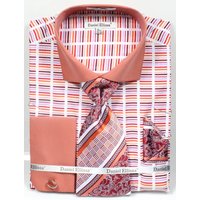 Men's Wide Spread Collar Contrast Cuff Horizontal Multi Stripe Dress Shirt & Tie Set In Rust