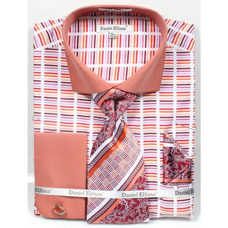 Men's Wide Spread Collar Contrast Cuff Horizontal Multi Stripe Dress Shirt & Tie Set In Rust — Chemises habillées pour hommes