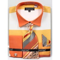 Men's Contrast Collar Wide Horizontal Stripe French Cuff Dress Shirt, Tie, & Hanky Set In Yellow