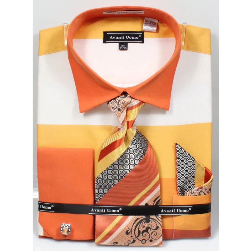 Men's Contrast Collar Wide Horizontal Stripe French Cuff Dress Shirt, Tie, & Hanky Set In Yellow — Chemises habillées pour hommes
