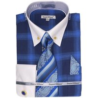 Men's Flannel Plaid Pattern Contrast Collar Dress Shirt & Tie Set In Blue — Mens Dress Shirts