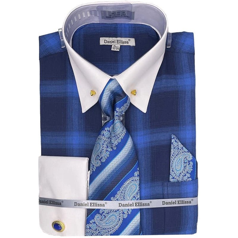 Men's Flannel Plaid Pattern Contrast Collar Dress Shirt & Tie Set In Blue — Chemises habillées pour hommes