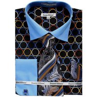Men's French Cuff Contrast Collar Circle Print Dress Shirt & Tie Set In Black & Blue