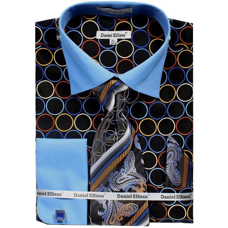 Men's French Cuff Contrast Collar Circle Print Dress Shirt & Tie Set In Black & Blue — Chemises habillées pour hommes