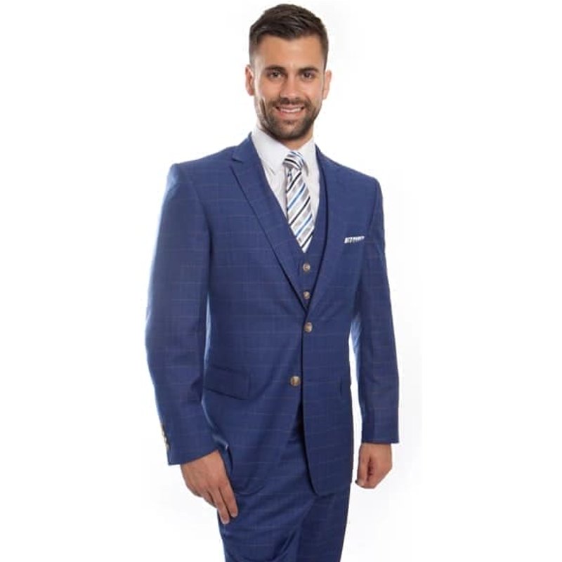 Blue Wool Windowpane Vested Suit — Costumes et vestons pour hommes