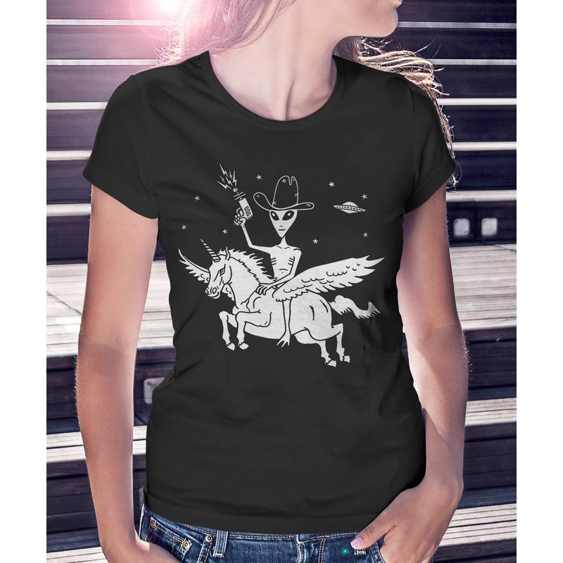 Unisex T Shirt Alien Riding Unicorn — T-shirts pour hommes