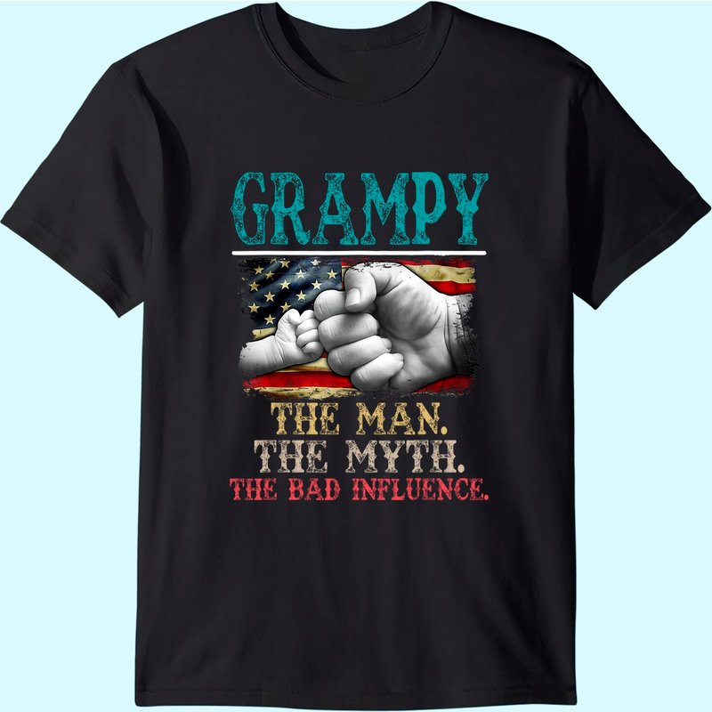 Mens Grampy The Man The Myth The Bad Influence American Flag T-shirt — Mens T Shirts