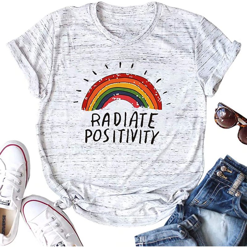 Women Radiate Positivity Rainbow Graphic T-shirt Short Sleeve Top — Mens T Shirts