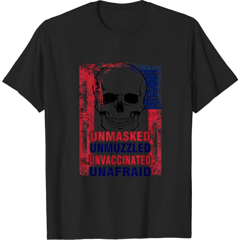 Unmasked Unmuzzled Unvaccinated Unafraid American Flag Skull T-shirt — T-shirts pour hommes