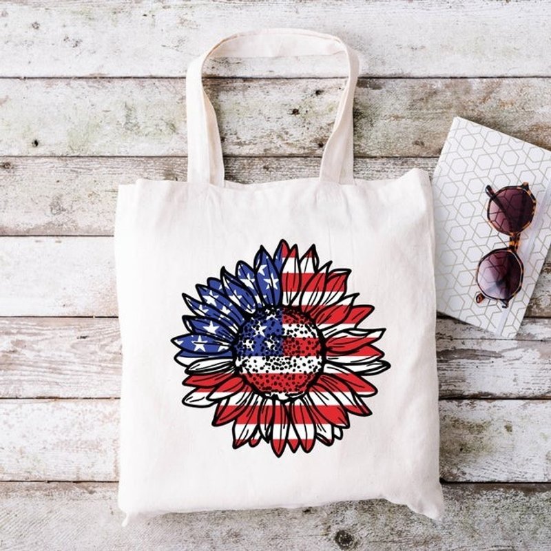 Sunflower Flag Reusable Tote Bag, Patriotic, Fourth Of July Tote Bag — Sacs fourre-tout
