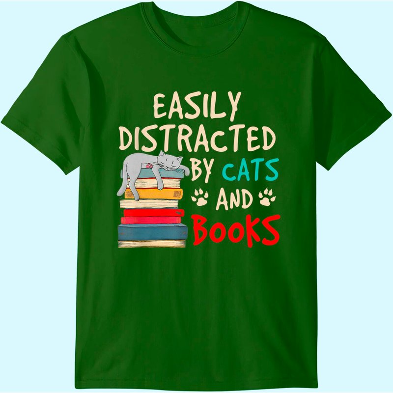Easily Distracted By Cats And Books - Cat & Book Lover T-shirt — T-shirts pour hommes