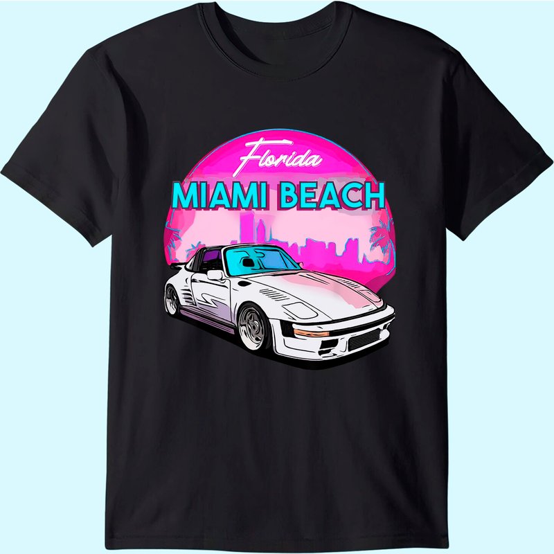 T-Shirt pour Hommes Miami avec Palmiers et Voiture Vintage — T-shirts pour hommes