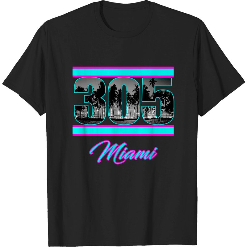 T-Shirt pour hommes Miami 305 South Beach View 80s Noir — T-shirts pour hommes