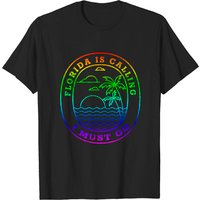 T-shirt Vintage Florida Is Calling I Must Go Palmier Arc-en-ciel