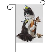 Black and White Cat and Birds Garden Flag