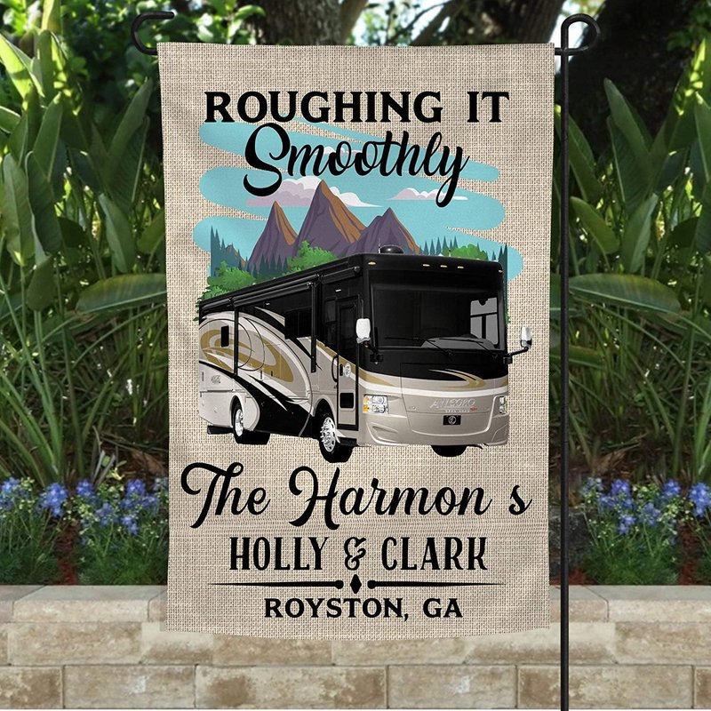 Personalized Roughing It Smoothly Garden Flag with Custom Family Name — Decorative Flags