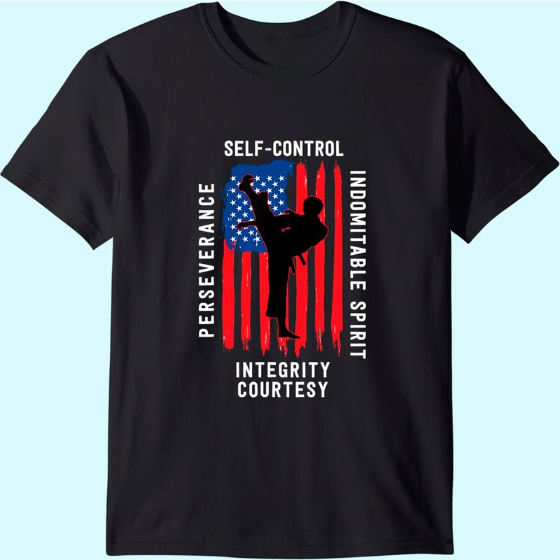 Taekwondo 5 Tenets Martial Arts USA Flag T-Shirt for Men — Mens T Shirts