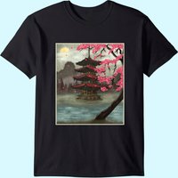 Cherry Blossom Vintage Japanese Temple Sakura Woodblock Art T-Shirt — Mens T Shirts