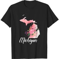 Michigan State Floral Watercolor Map T-Shirt for Men
