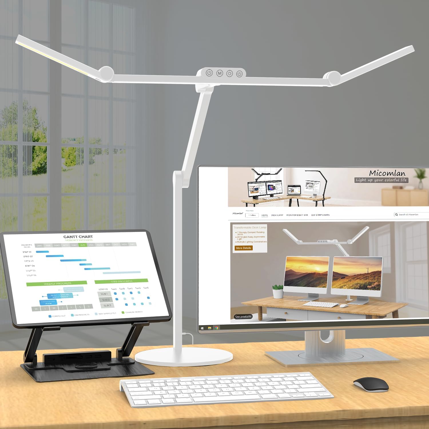 Lampe de Bureau LED Micomlan avec Éclairage d'Ambiance et Bras Pivotant — Lampe de bureau menée