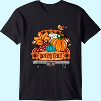 T-shirt automnal à carreaux orange avec camion et citrouille pour hommes