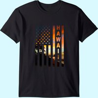 T-Shirt Homme Drapeau Américain Coucher de Soleil Hawaï — T-shirts pour hommes