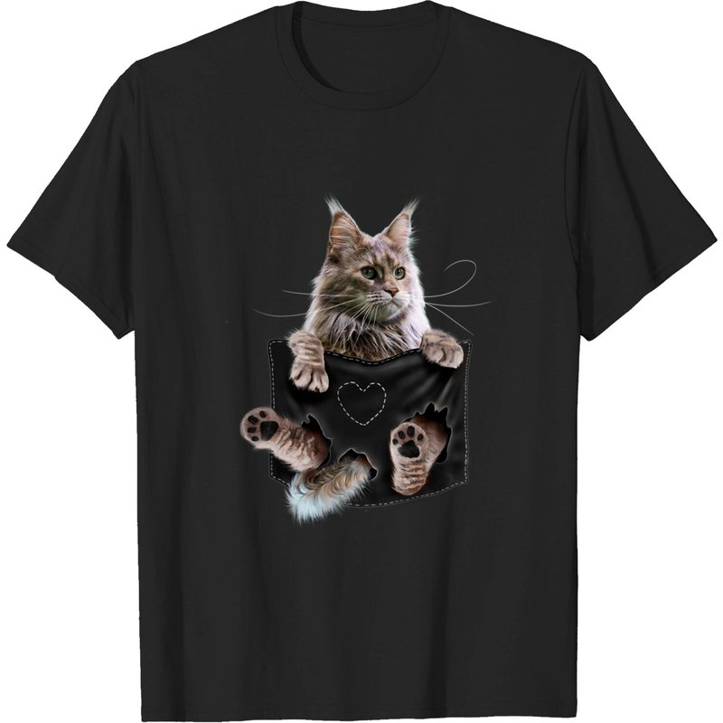 T-Shirt Maine Coon Cat Poche pour Hommes en Noir — T-shirts pour hommes