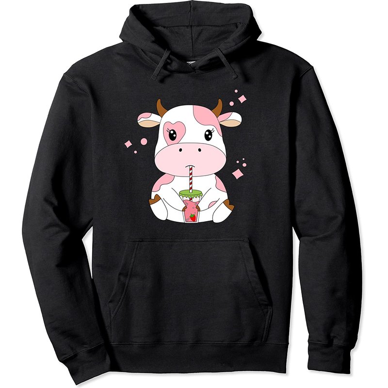 Strawberry Milk Kawaii Pink Cow Pullover Hoodie