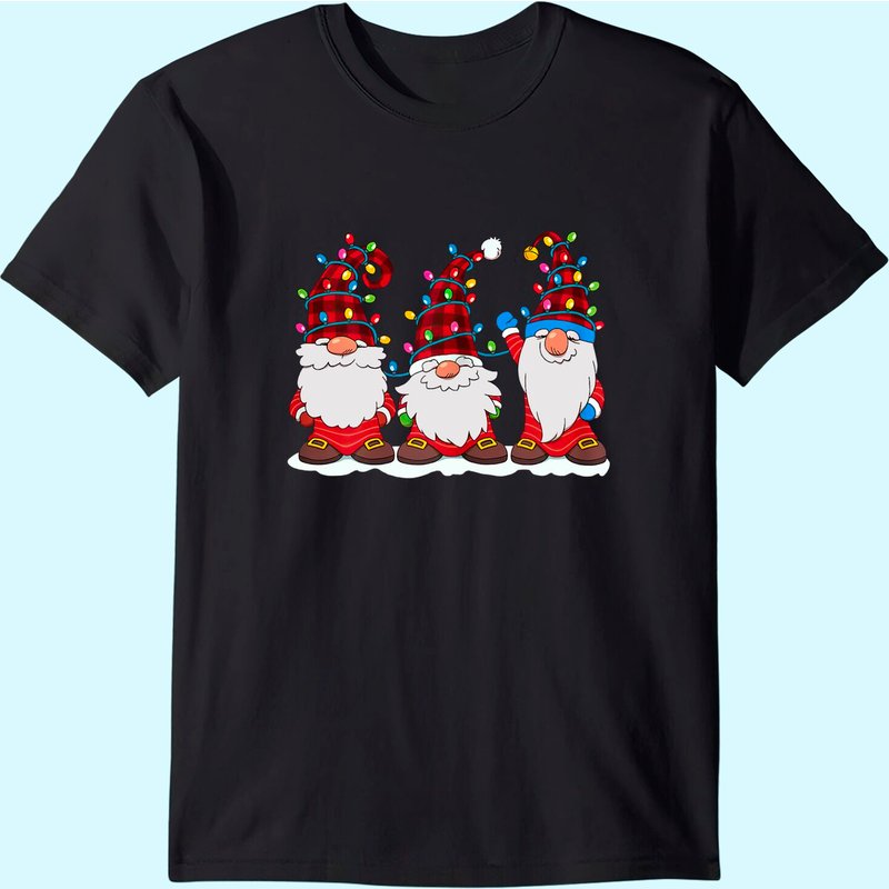 T-shirt Trois Gnomes Chapeau À Carreaux Rouge Gnome Lumières De Noël
