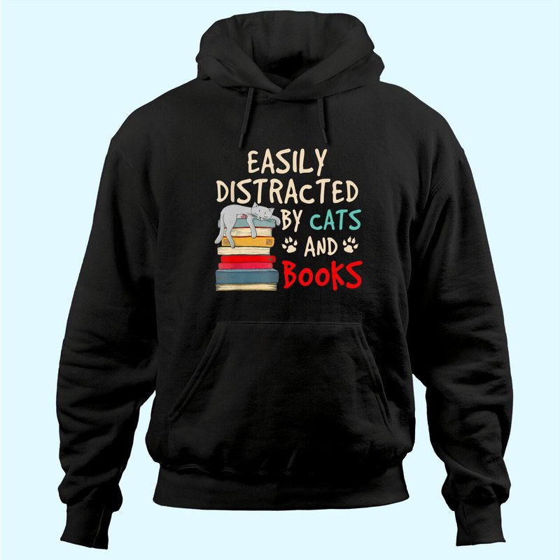 Hoodie Unisexe Facilement Distrait Par Les Chats Et Les Livres — Sweats à capuche pour hommes