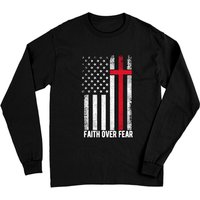 T-shirt à manches longues Faith Over Fear avec croix chrétienne et drapeau américain — T-shirts pour hommes