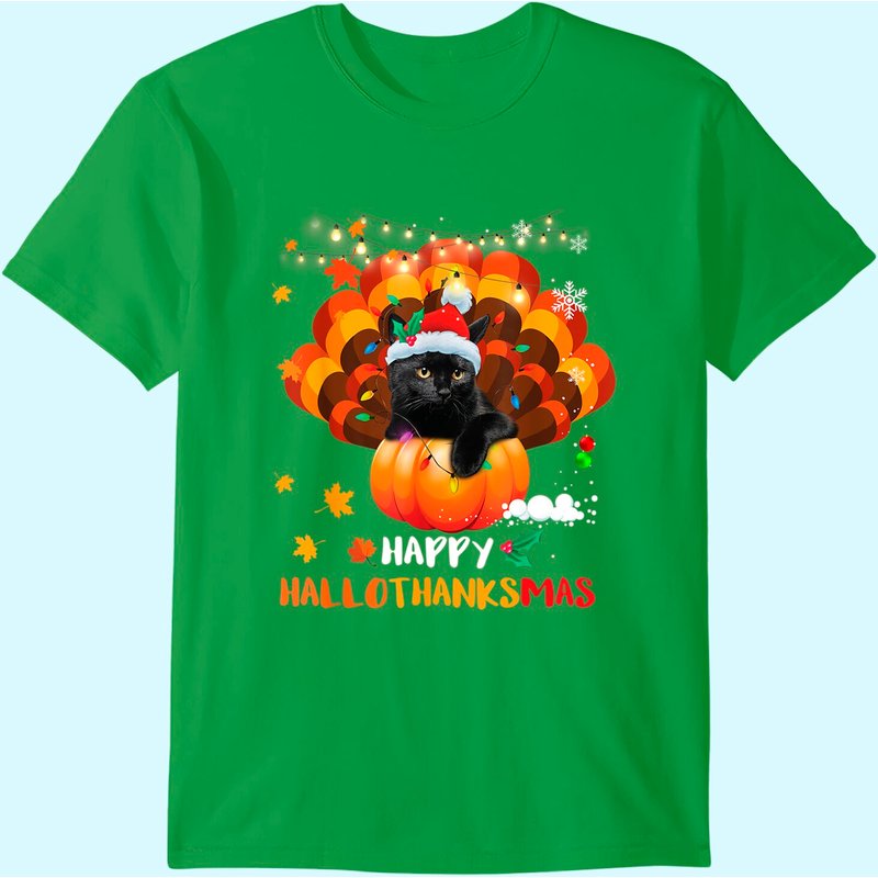 T-shirt pour hommes Happy Hallothanksmas Citrouille Dinde Chat Noir — T-shirts pour hommes