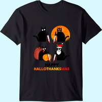 Happy Hallothanksmas Black Cat Halloween Thanksgiving T-Shirt