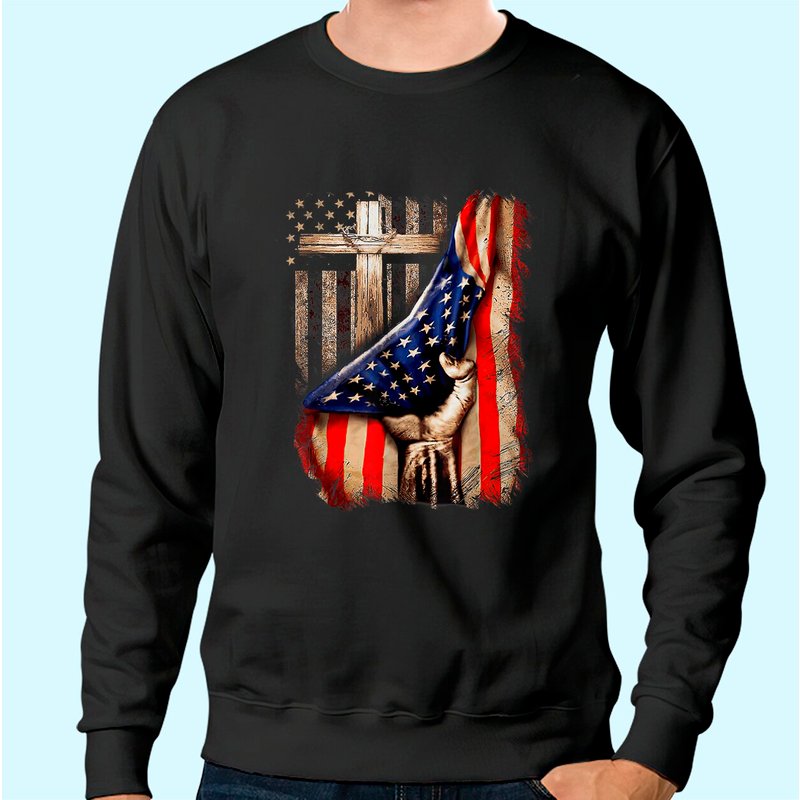 Sweat à capuche Vintage Mens Faith Over Fear Christian Cross Drapeau Américain — Sweats à capuche pour hommes