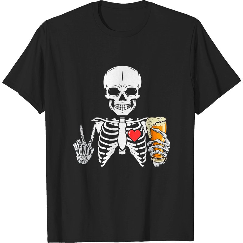 T-shirt Homme Crâne Squelette Buvant de la Bière — T-shirts pour hommes
