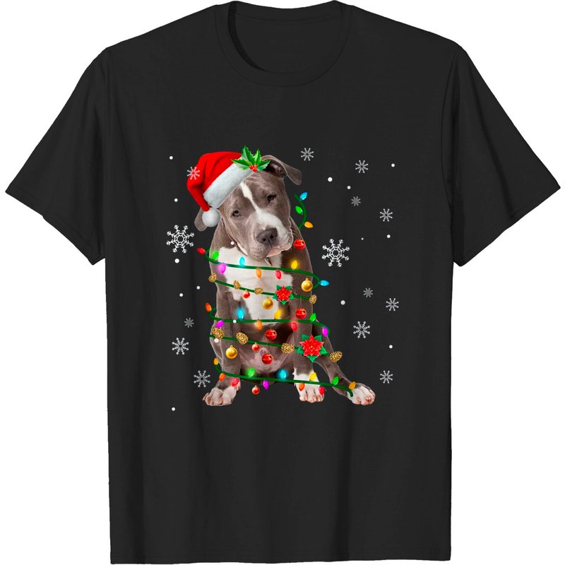T-shirt de Noël Santa Pitbull avec lumière d'arbre pour homme — T-shirts pour hommes
