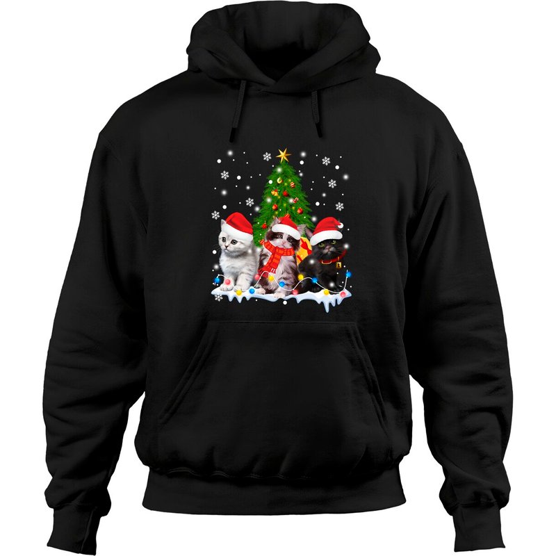Hoodie de Noël avec chat pour unisexe en noir — Sweats à capuche pour hommes