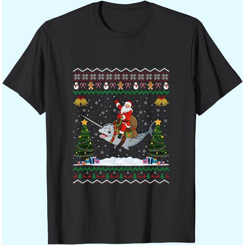 T-shirts de Noël pour hommes avec un narval et le Père Noël