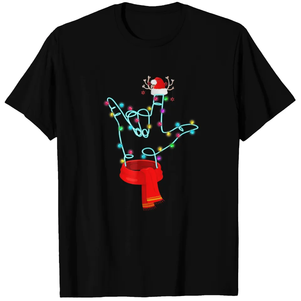 ASL Sign Christmas Light Santa Hat Scarf T-Shirt for Men