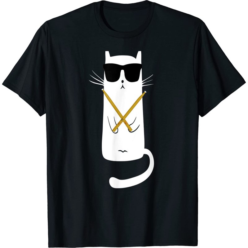 T-shirt Chat avec Lunettes de Soleil Jouant de la Batterie pour Hommes — T-shirts pour hommes