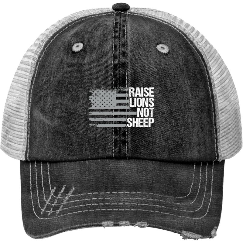 Raise Lions Not Sheep Patriotic Lion Print Trucker Hat