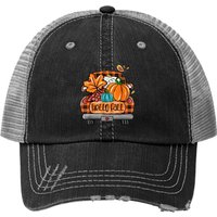 Chapeau Trucker Hello Fall à Carreaux Orange et Citrouille